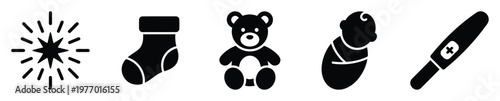 Versatile set of black silhouette icons featuring a shining star, baby sock, teddy bear, swaddled newborn, and positive pregnancy test for maternity and new baby related designs.