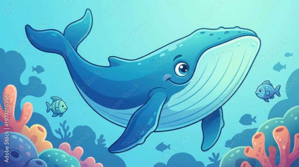 Fototapeta premium Cartoon large blue marine mammal whale illustration