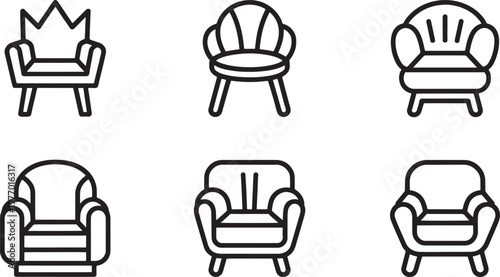 Armchairs in a six icon set feature diverse silhouettes of upholstered seats created with clean black outlines for professional architectural design projects.