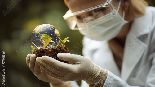 A scientist holds a globe surrounded by seedlings, symbolizing environmental care and sustainability, showcasing the connection between science and nature.