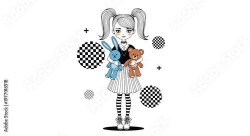 Stylized emo girl with pigtails holding a blue bunny and a brown teddy bear in a black and white graphic art style.
