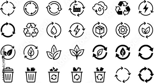 Closed Loop Icons. Closed Loop Systems. Line icon set of Closed Loop Systems: looped cycle, factory loop, water cycle, energy loop, product return,
