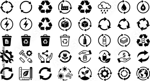 Closed Loop Icons. Closed Loop Systems. Line icon set of Closed Loop Systems: looped cycle, factory loop, water cycle, energy loop, product return,
