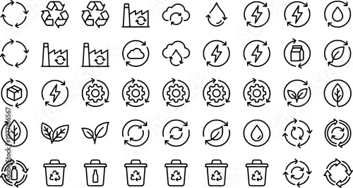 Closed Loop Icons. Closed Loop Systems. Line icon set of Closed Loop Systems: looped cycle, factory loop, water cycle, energy loop, product return,

