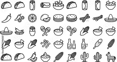 Mexican Food Icons. Outline icon set of Mexican food truck delights: taco shell, burrito wrap, salsa bowl, jalapeño pepper, lime
