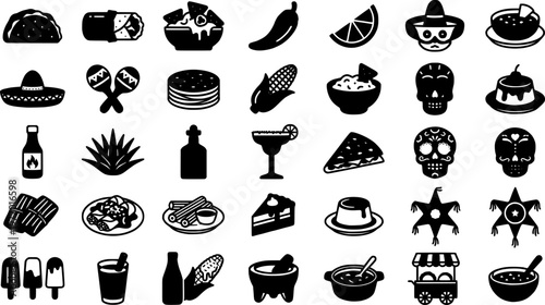 Mexican Food Icons. Outline icon set of Mexican food truck delights: taco shell, burrito wrap, salsa bowl, jalapeño pepper, lime
