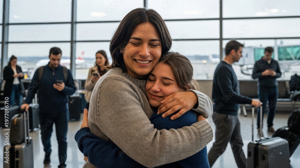 Obraz premium Emotional Reunion of Two Hispanic Sisters Hugging at Airport Terminal Gate