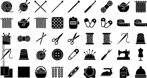 Handmade Knitwear Icons. Outline icon set of handmade knitwear: ball of yarn, knitting needles, pattern chart,
