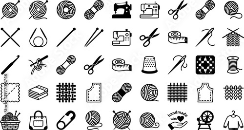 Handmade Knitwear Icons. Outline icon set of handmade knitwear: ball of yarn, knitting needles, pattern chart,
