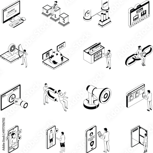 Collection of Marketing and Growth Isometric Style Icons 
