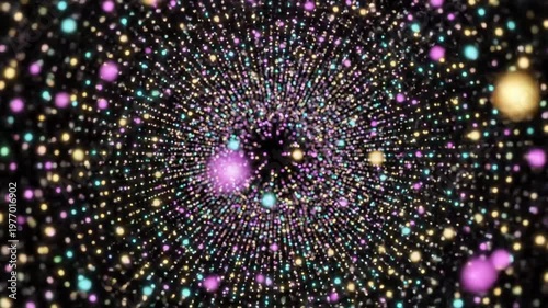Abstract tunnel with a swirling cascade of glowing colorful particles, creating a vibrant background animation.