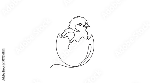 A charming single-line illustration of a baby chick emerging from a cracked egg, symbolizing new beginnings and springtime