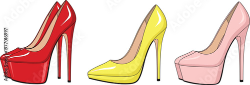 Colorful High Heel Shoes Collection with Red, Yellow, and Pink Platform Pumps Elegant Fashion Footwear Vector Illustration for Women Style Design