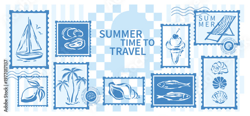 Summer postage stamps about travel and vacation. Hand drawn design elements with palm trees, yacht, lemons, seashells, sardines, sun lounger. Vector illustration for icons, stickers, scrapbook.