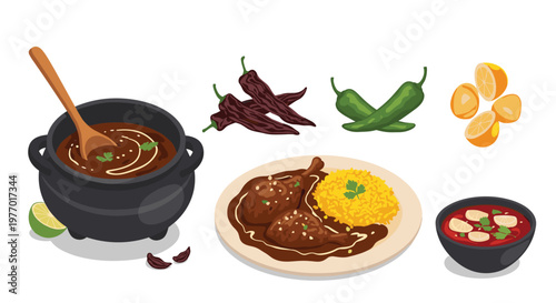 Traditional mexican food composition including chicken with mole sauce and rice accompanied by spicy chili peppers and lime wedges.