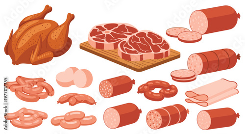 Large selection of various meat products featuring a whole roasted chicken alongside different types of sausages and raw beef steaks.