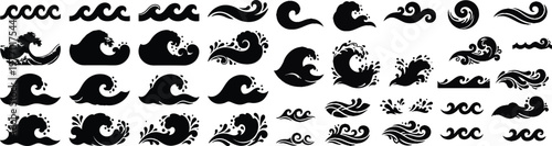 Collection of Black Silhouette Wave Icons and Swirls