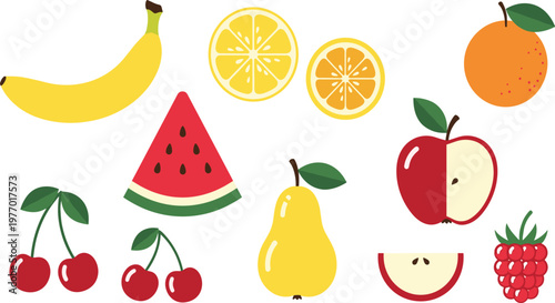 Colorful Fresh Fruit Vector Collection Featuring Banana Watermelon Orange Lemon Apple Cherry Pear Raspberry and Citrus Elements for Healthy Food Design and Summer Graphics.