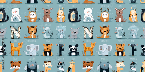 Cute animal alphabet seamless pattern with creative letters for kids nursery decor