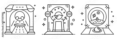 Three laboratory stations with stylized alien, scientific instruments and planetary scene