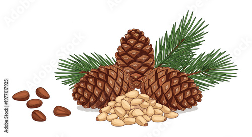 Natural arrangement of brown pine cones with green needle branches and a pile of shelled and unshelled pine nuts on a light background.