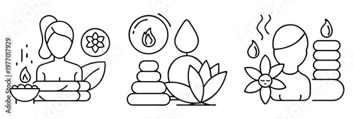 Line art icons representing spa treatments and wellness activities and meditation