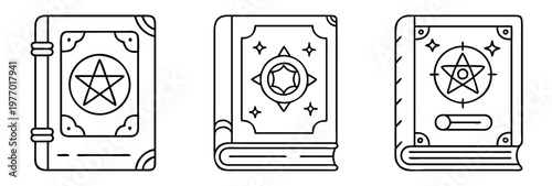 Three enchanting black and white witch grimoires spell books with mystical symbols