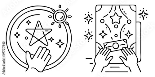 Outlined design of hands presenting a medallion with a star and money