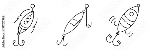 Line art illustration showcasing a variety of fishing lure types in black and white