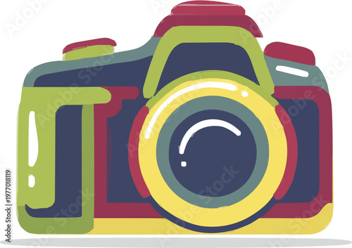 A minimalist camera silhouette in vibrant colors stands against a pure white background, perfect for World Photography Day preparations