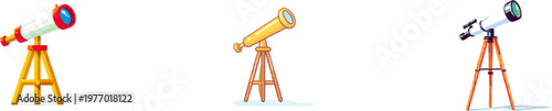A simple brown telescope with a red eyepiece stands on a yellow tripod against a white background, symbolizing exploration and discovery in a minimalist, vector art style