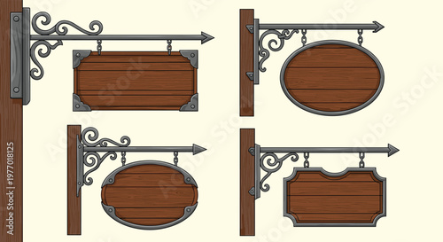 Collection of four traditional wooden hanging signs mounted on ornate wrought iron brackets for a vintage shop or tavern aesthetic.