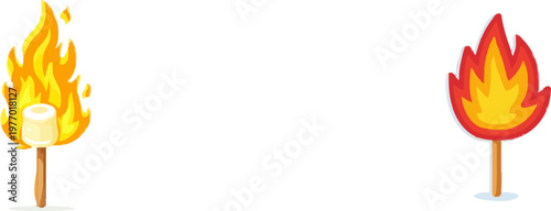 A simple campfire marshmallow on a stick burns brightly against a pure white background in this minimalist illustration