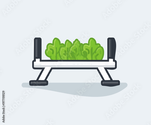A minimalist garden kneeler bench with black handles and green leafy plants on a pure white background, optimized for high precision vector auto tracing