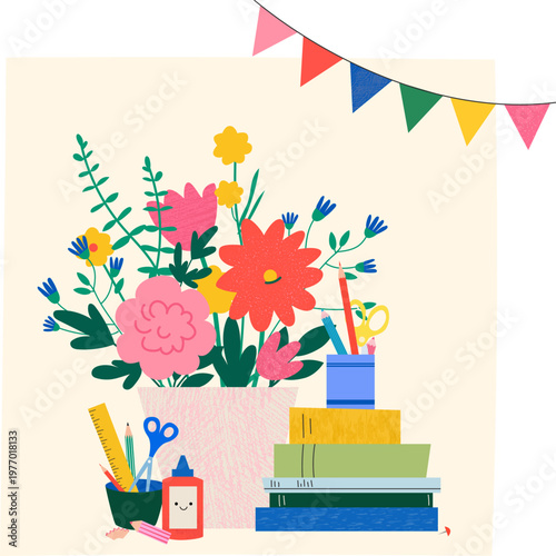 Cute Back to School Illustration Flowers and School Supplies Books Kids Classroom Decor