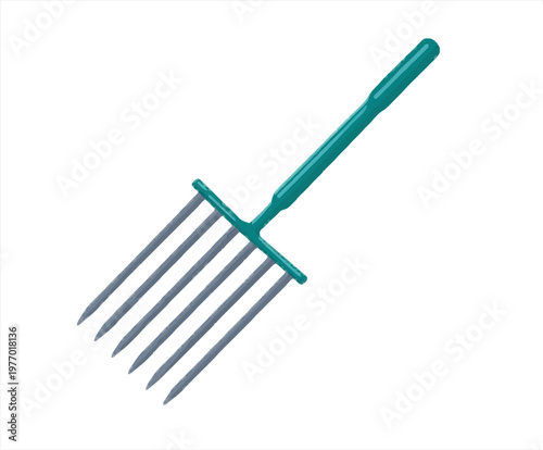 A minimalist garden rake with sharp tines in dark grey stands against a pure white background, showcasing clean contours and industrial colors optimized for high precision vector auto tracing