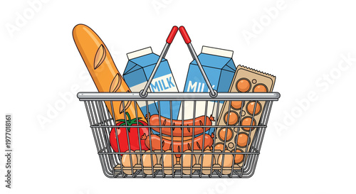 Metal wire shopping basket filled to the brim with grocery essentials like milk cartons and bread and eggs and fresh sausages.