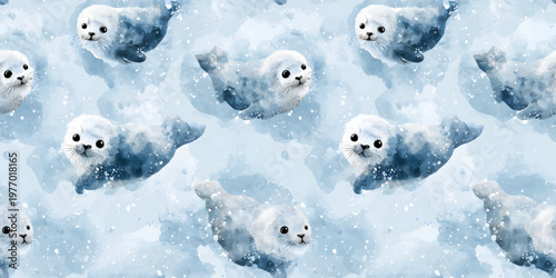 Watercolor cute baby seal seamless pattern on blue winter background for nursery wallpaper