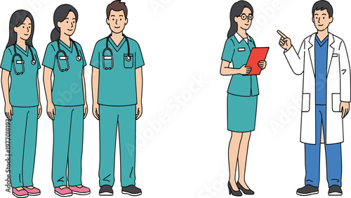 Cartoon Healthcare Team Illustration Featuring Doctors and Nurses in Scrubs and Lab Coats with Stethoscope for Hospital Medical Staff and Clinical Design Use.