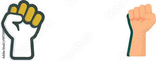 A minimalist black silhouette of a raised fist with yellow fingertips against a stark white background, exuding strength and solidarity in a clean, vectorized design