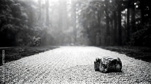 Wallpaper Mural Minimalist Zen garden path with a solitary rock in black and white, misty forest landscape
 Torontodigital.ca