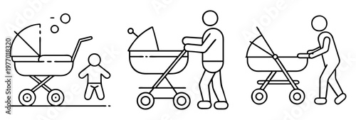 Simple line art illustrations showing parents with prams and a child standing