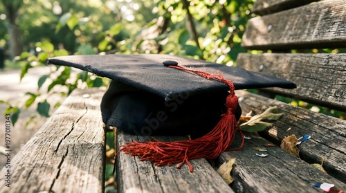 Wallpaper Mural Graduation cap on wooden bench in park with natural sunlight education concept Torontodigital.ca