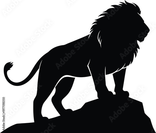 Black silhouette of lion standing on rock