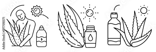 Simple line art depicting a person with aloe vera and bottles, sun elements