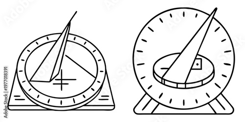 Outline illustration featuring two different style sundials for telling time with sun