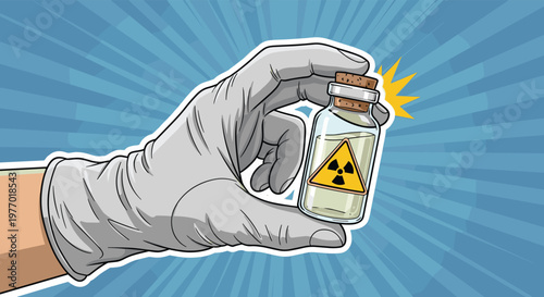 Hand wearing a grey protective glove holding a small glass bottle containing a dangerous radioactive substance with a warning symbol.