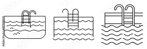 Three swimming pool icons with ladders and water surface waves