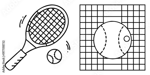 Minimalistic outline illustration of tennis equipment including racquet ball and net