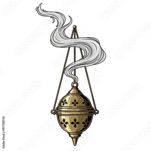 Antique brass pendulum orb with swirling smoke effect suspended from a chain